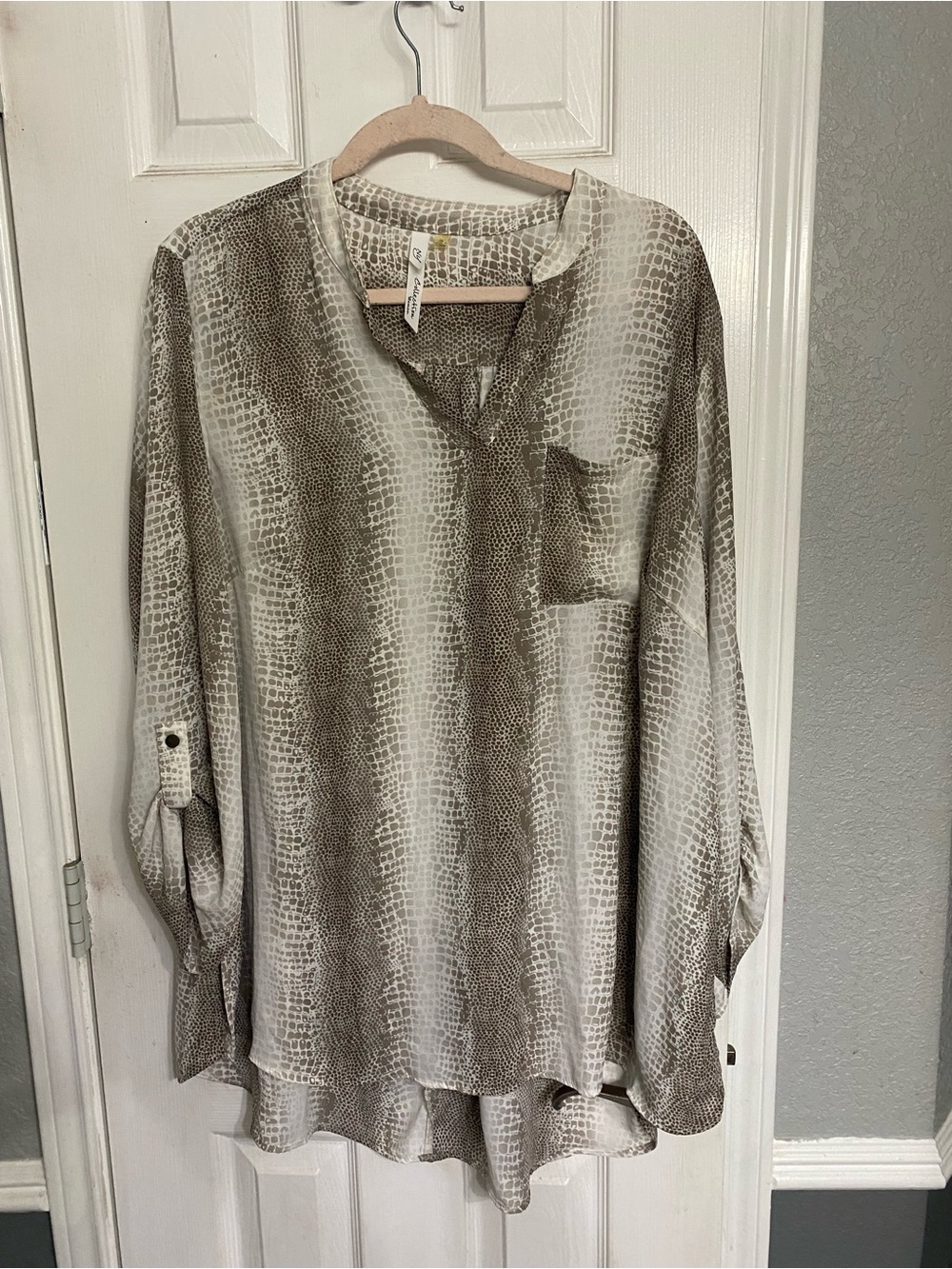 Light Taupe Snake-Print V-Neck Blouse